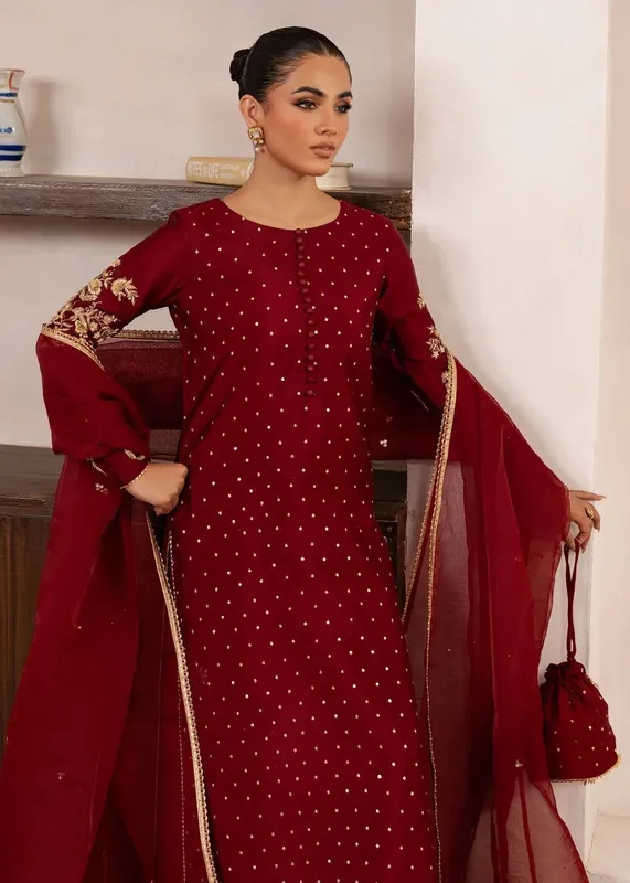 Dastoor Rania Luxury Pret 25 Maroon Organza – view 1 – Poshaq
