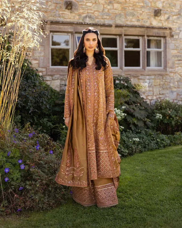 Faiza Saqlain Adeen Formals Mustard Velvet – view 1 – Poshaq