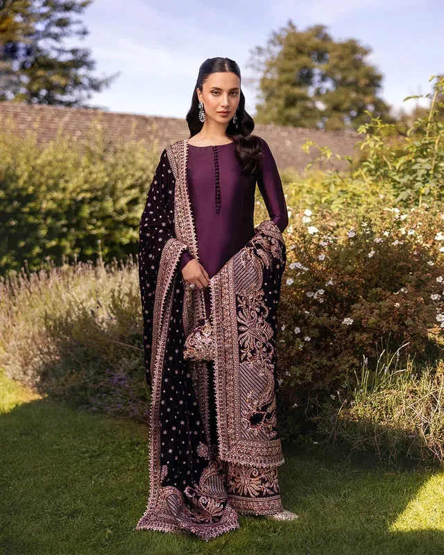 Faiza Saqlain Adeen Formals Plum Velvet – view 1 – Poshaq