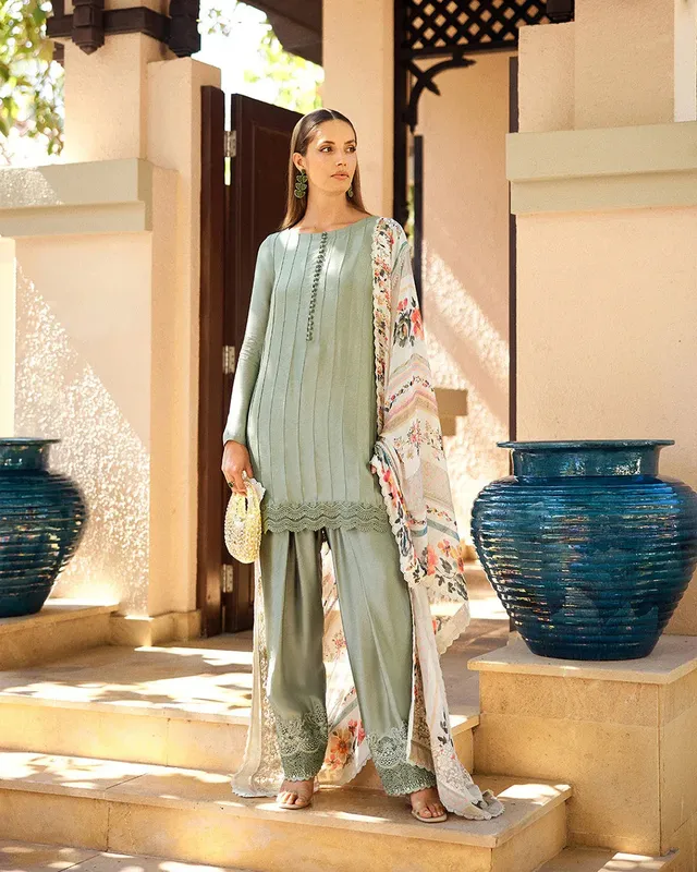 Faiza Saqlain Carmela Luxury Pret Green Silk – view 1 – Poshaq