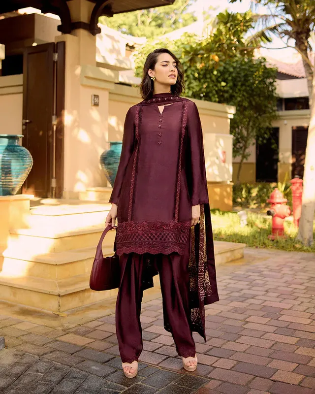 Faiza Saqlain Carmela Luxury Pret Maroon Silk – view 1 – Poshaq