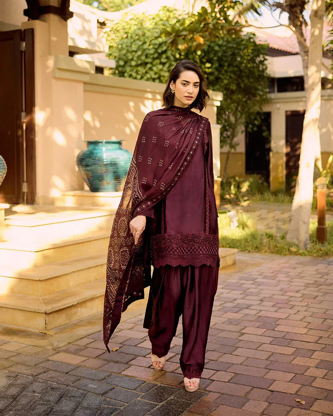 Faiza Saqlain Carmela Luxury Pret Maroon Silk – view 2 – Poshaq
