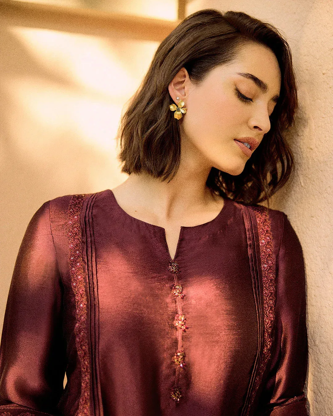 Faiza Saqlain Carmela Luxury Pret Maroon Silk – view 3 – Poshaq
