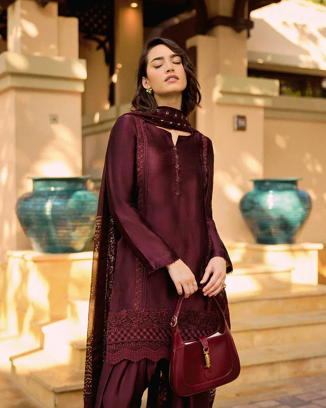 Faiza Saqlain Carmela Luxury Pret Maroon Silk – view 4 – Poshaq