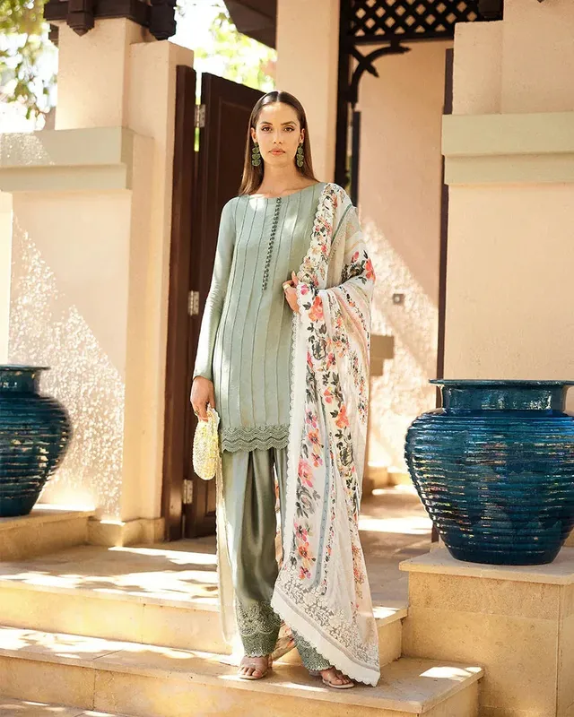 Faiza Saqlain Carmela Green Silk – view 1 – Poshaq