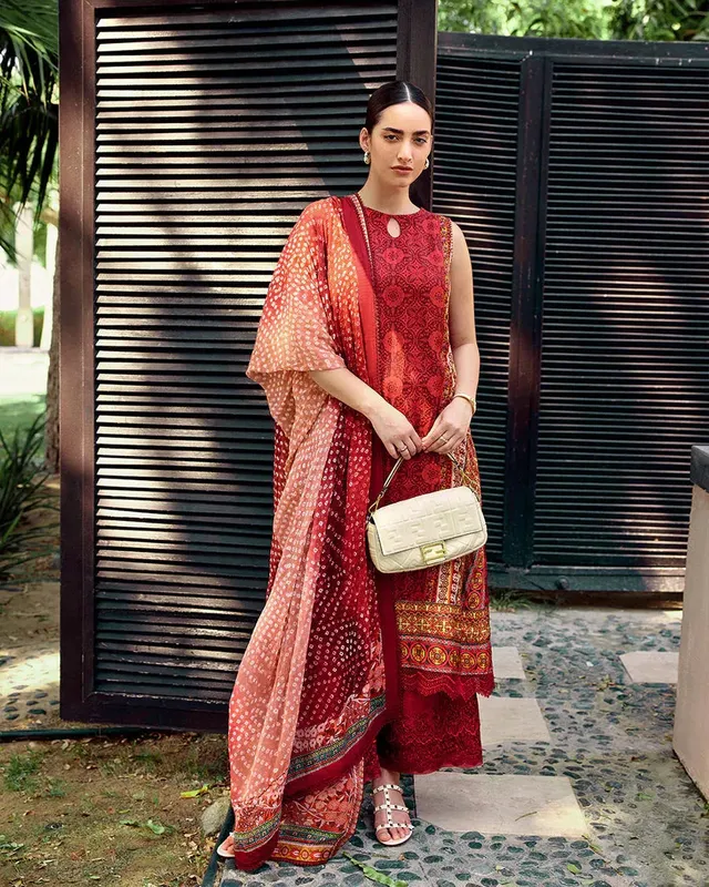 Faiza Saqlain Carmela Red Chiffon – view 1 – Poshaq