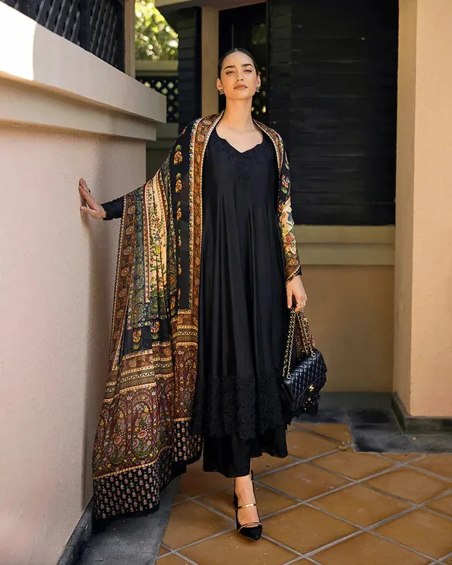 Faiza Saqlain Carmela Black Silk – view 1 – Poshaq