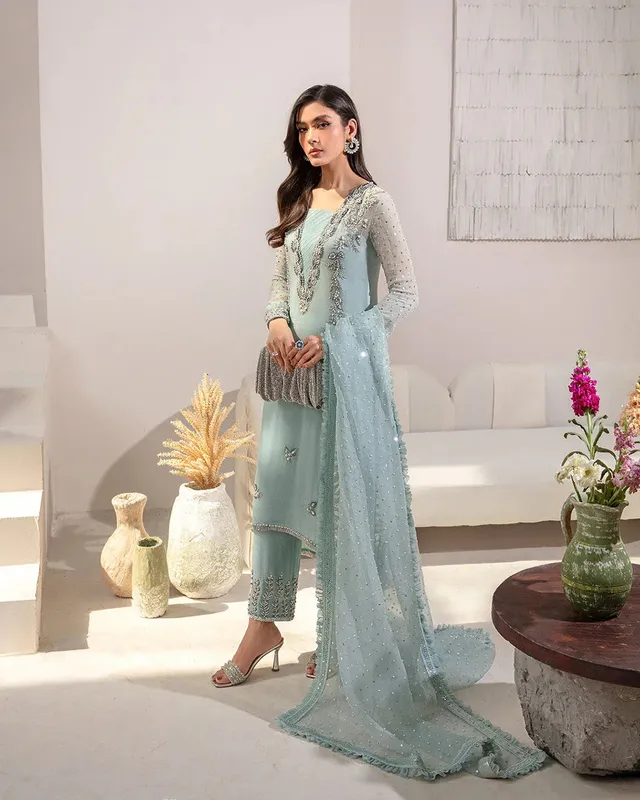 Faiza Saqlain Lenora Luxury Pret Blue Raw Silk – view 1 – Poshaq
