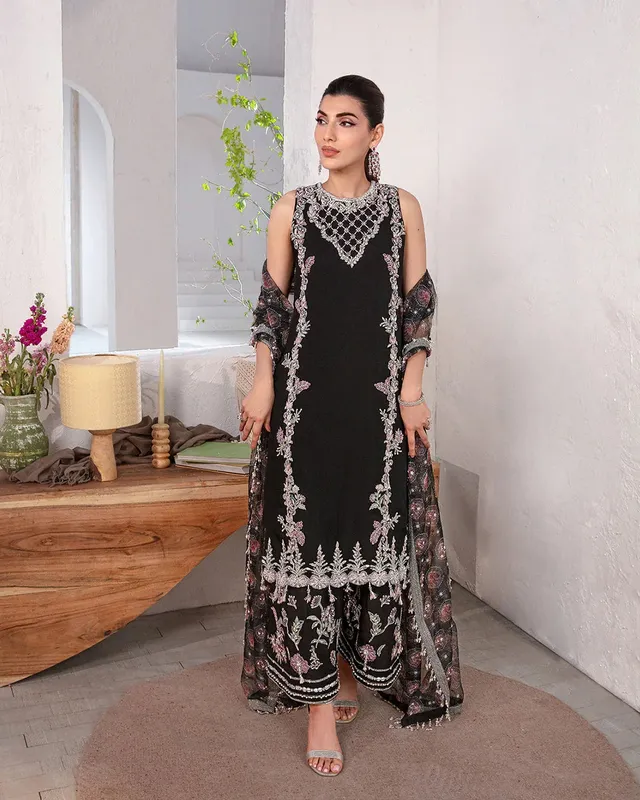 Faiza Saqlain Lenora Luxury Pret Black Raw Silk – view 1 – Poshaq