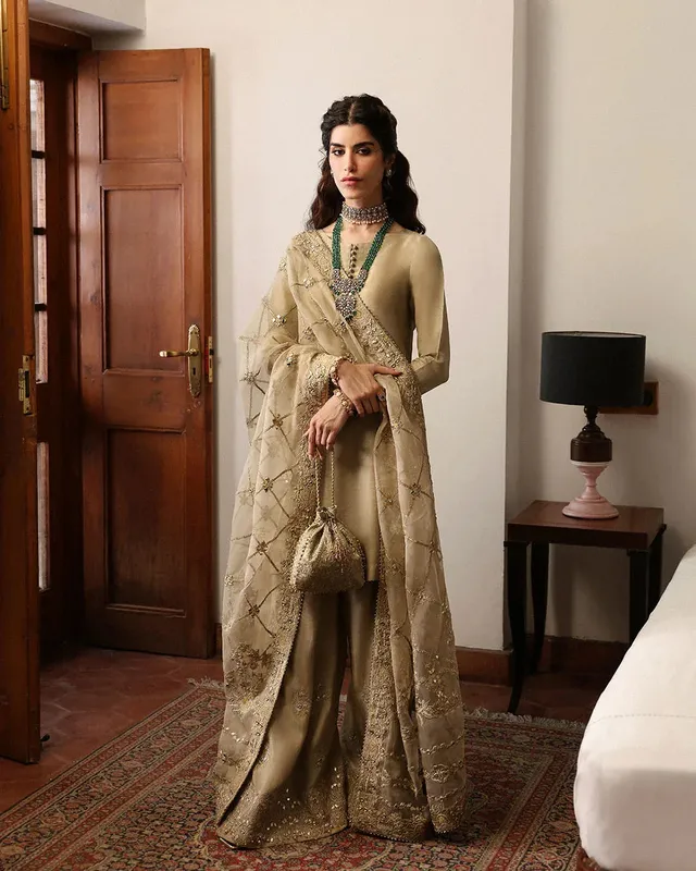 Faiza Saqlain Mehermah Luxe Formals Gold Raw Silk – view 1 – Poshaq
