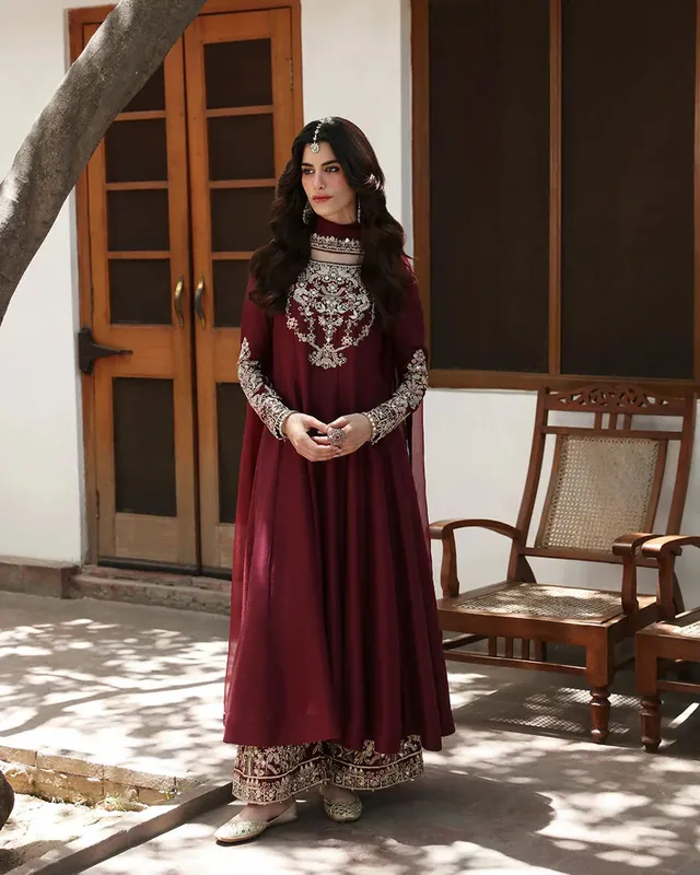 Faiza Saqlain Mehermah Luxe Formals Maroon Raw Silk – view 1 – Poshaq