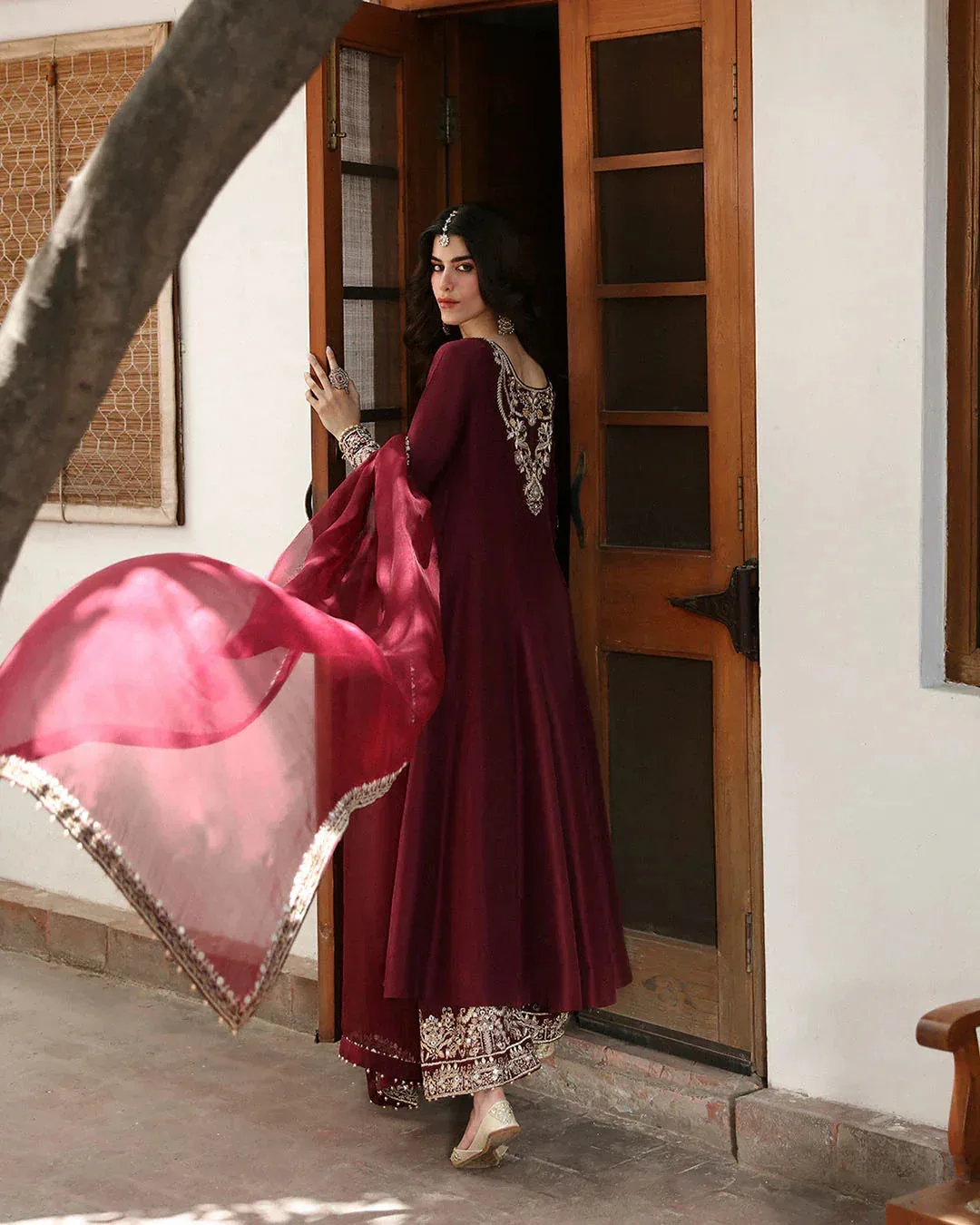Faiza Saqlain Mehermah Luxe Formals Maroon Raw Silk – view 2 – Poshaq