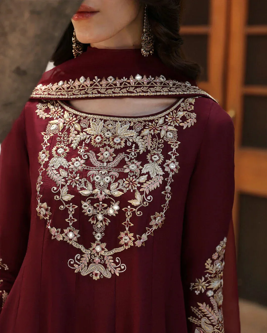 Faiza Saqlain Mehermah Luxe Formals Maroon Raw Silk – view 3 – Poshaq