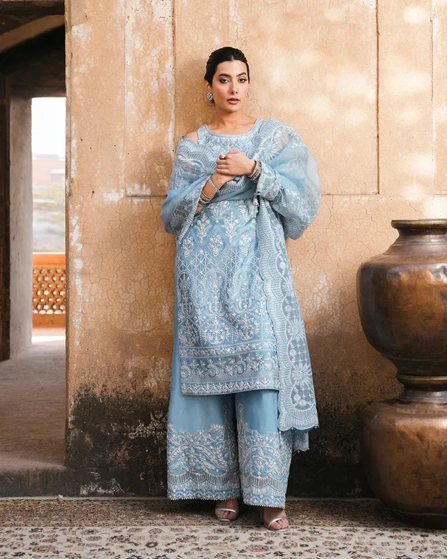 Faiza Saqlain Zimmal Formals Blue Raw Silk – view 1 – Poshaq