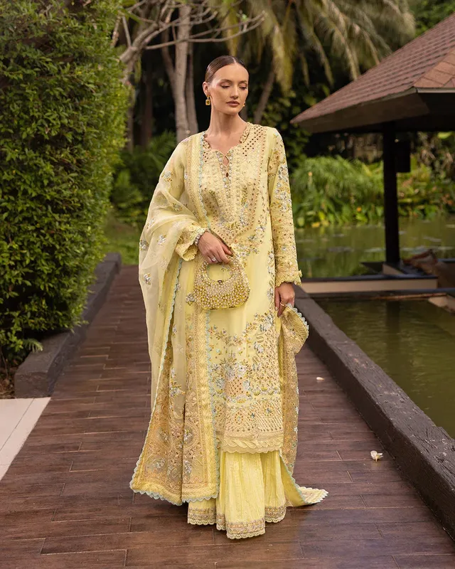Faiza Saqlain Zinnia Lawn 25 Yellow Organza – view 1 – Poshaq