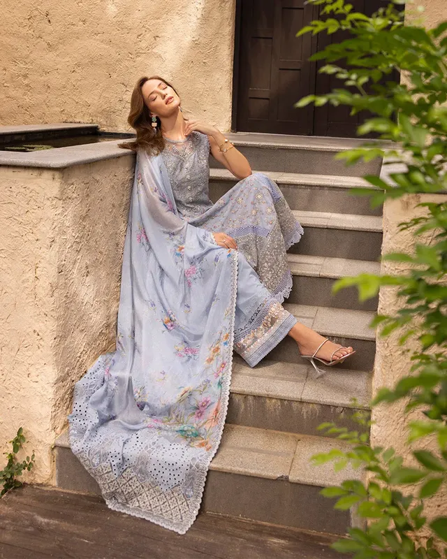 Faiza Saqlain Zinnia Lawn 25 Blue Organza – view 1 – Poshaq