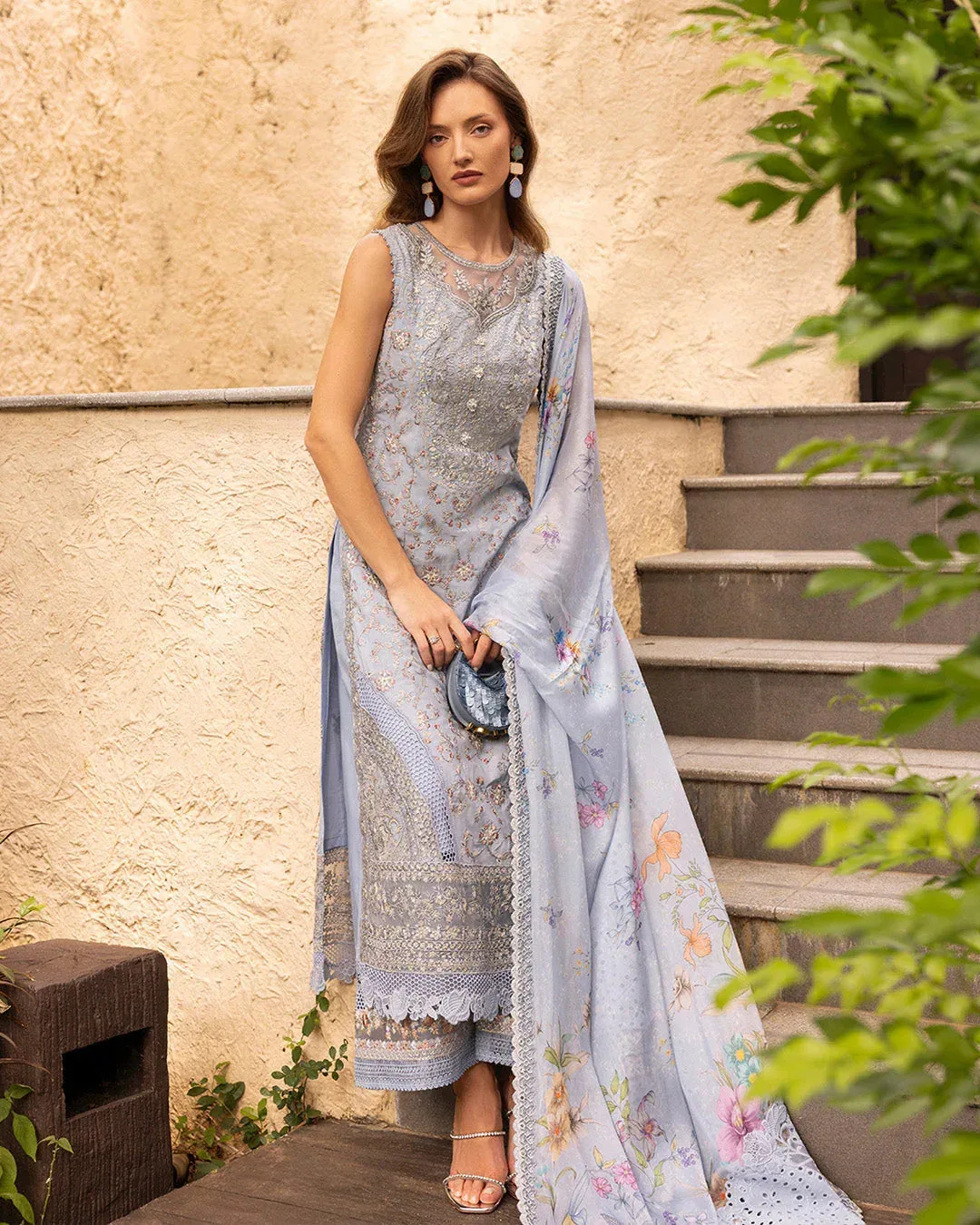Faiza Saqlain Zinnia Lawn 25 Blue Organza – view 2 – Poshaq