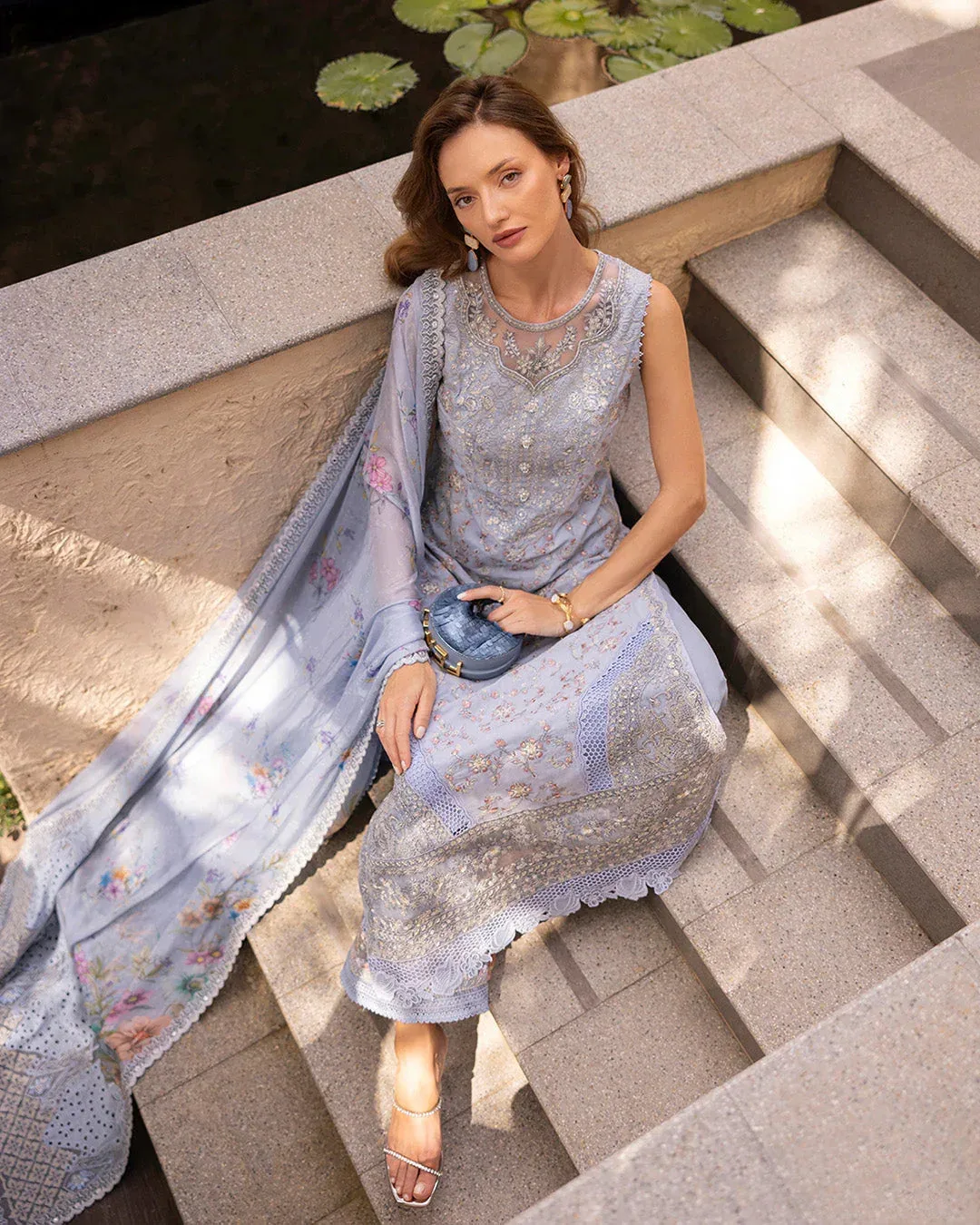 Faiza Saqlain Zinnia Lawn 25 Blue Organza – view 3 – Poshaq