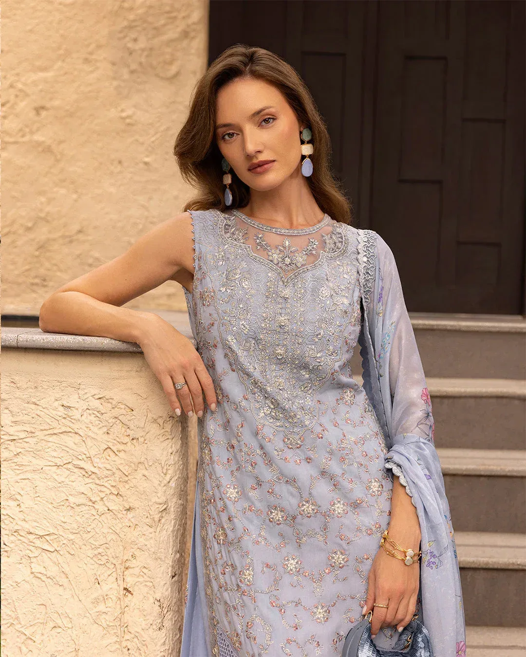 Faiza Saqlain Zinnia Lawn 25 Blue Organza – view 4 – Poshaq