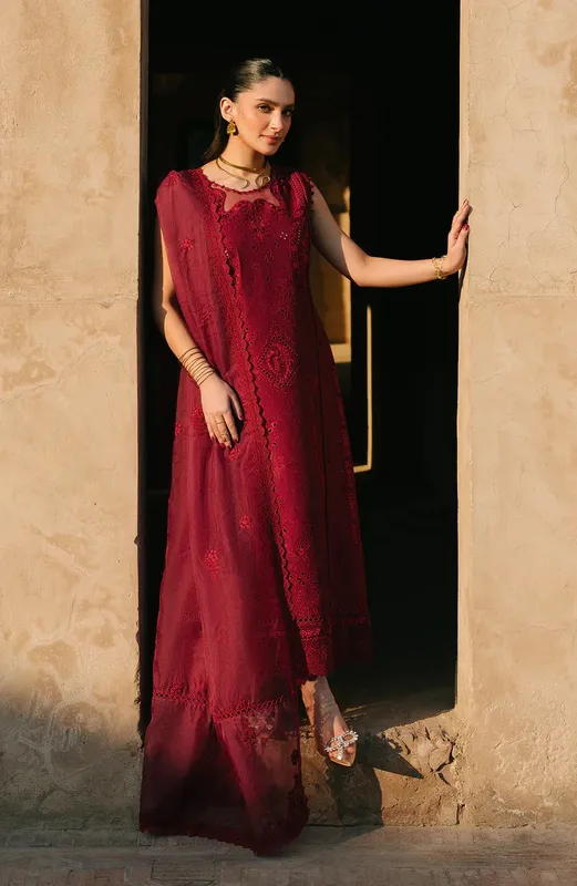 Fiona Sarang Lawn 25 Maroon Organza – view 1 – Poshaq