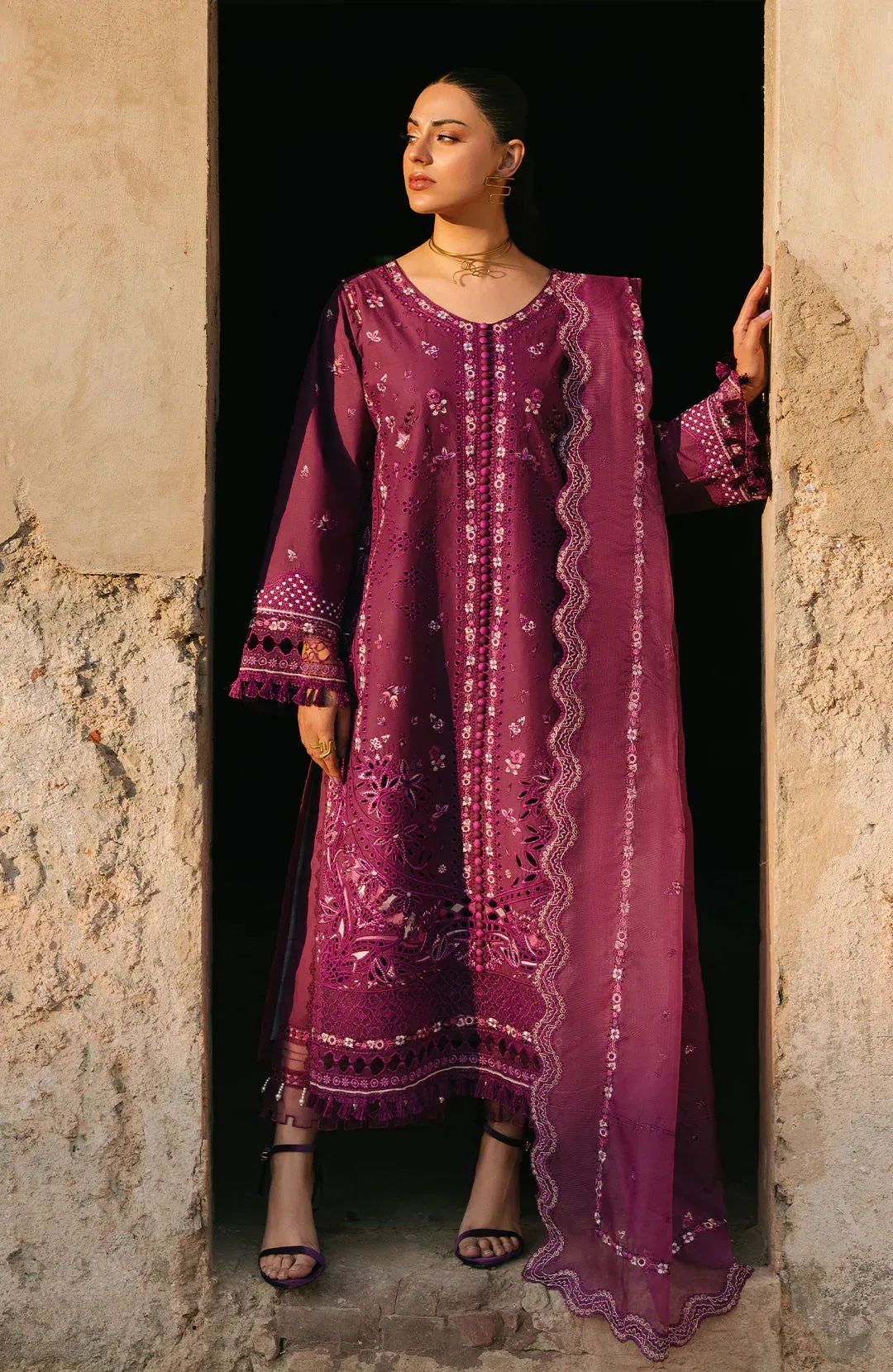 Fiona Sarang Lawn 25 Wine Organza – view 1 – Poshaq