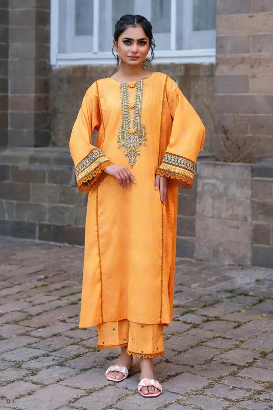 Ittehad Embroidered Lawn Orange Organza – view 1 – Poshaq