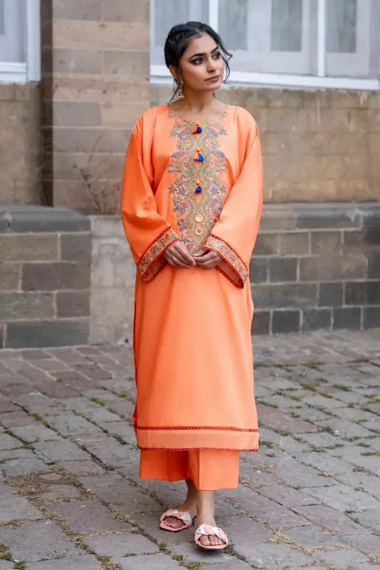 Ittehad Embroidered Lawn Orange Organza – view 1 – Poshaq