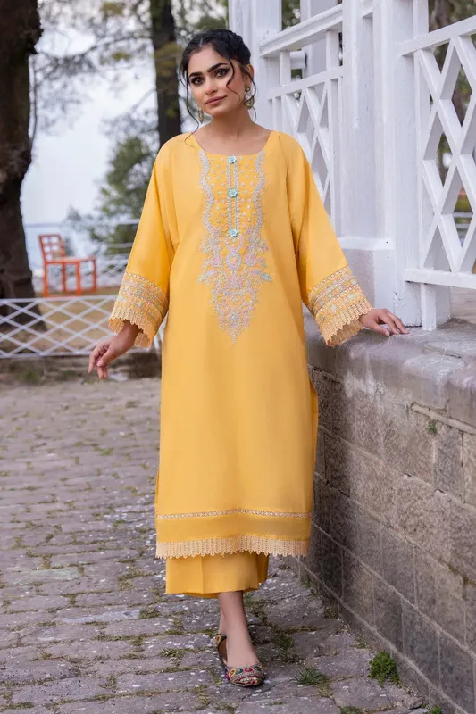 Ittehad Embroidered Lawn Mustard Organza – view 1 – Poshaq