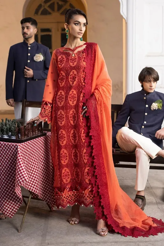 Ittehad Embroidered Lawn Orange Organza – view 1 – Poshaq