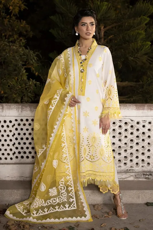 Ittehad Embroidered Lawn Ivory Organza – view 1 – Poshaq