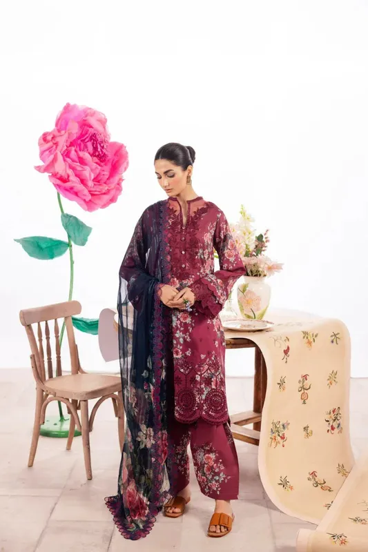 Iznik Dahlia Embroidered Lawn Purple Organza – view 1 – Poshaq