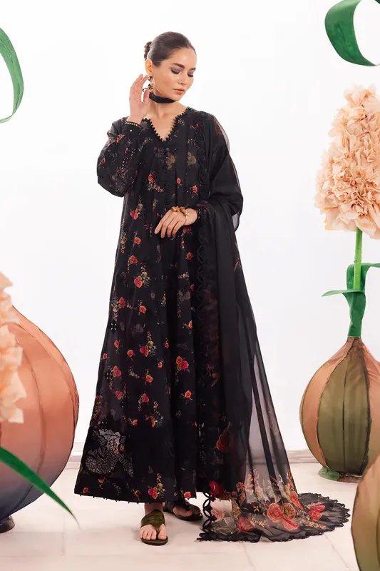 Iznik Dahlia Embroidered Lawn Black Organza – view 1 – Poshaq