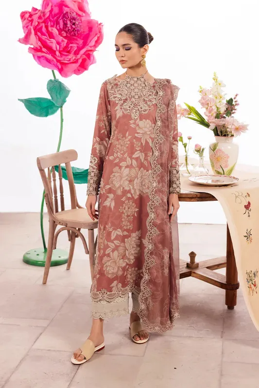 Iznik Dahlia Embroidered Lawn Brown Organza – view 1 – Poshaq