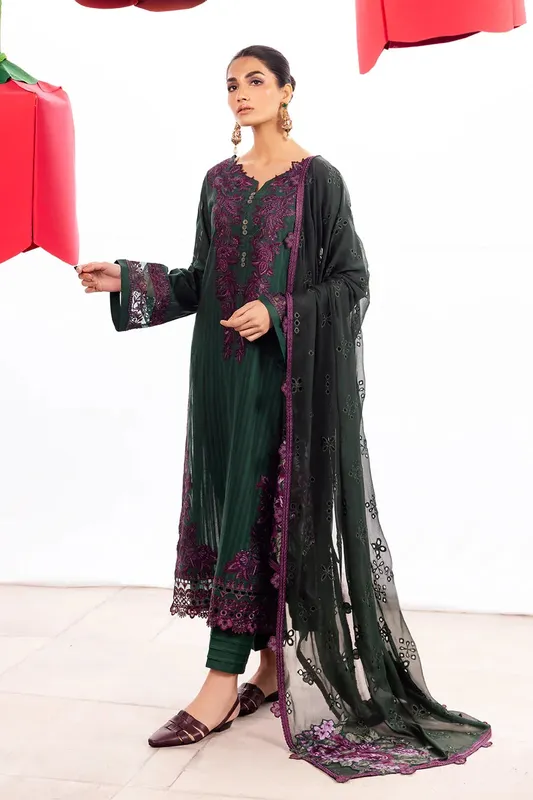 Iznik Dahlia Embroidered Lawn Green Organza – view 1 – Poshaq