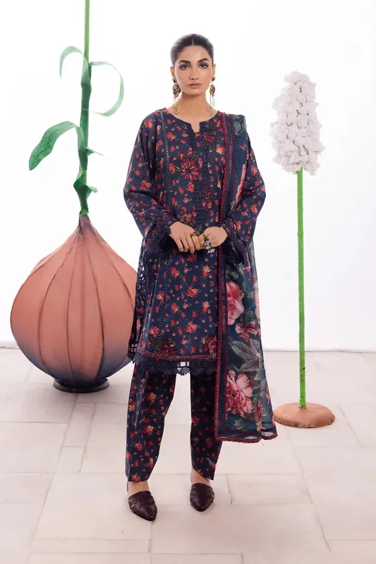 Iznik Dahlia Embroidered Lawn Teal Organza – view 1 – Poshaq