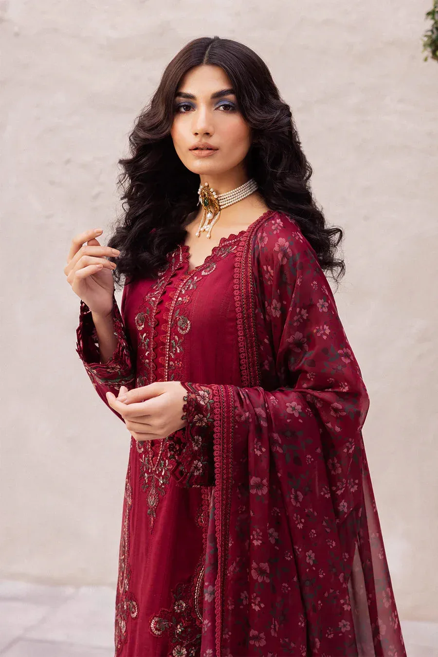 Iznik Dahlia Embroidered Lawn Maroon Organza – view 4 – Poshaq