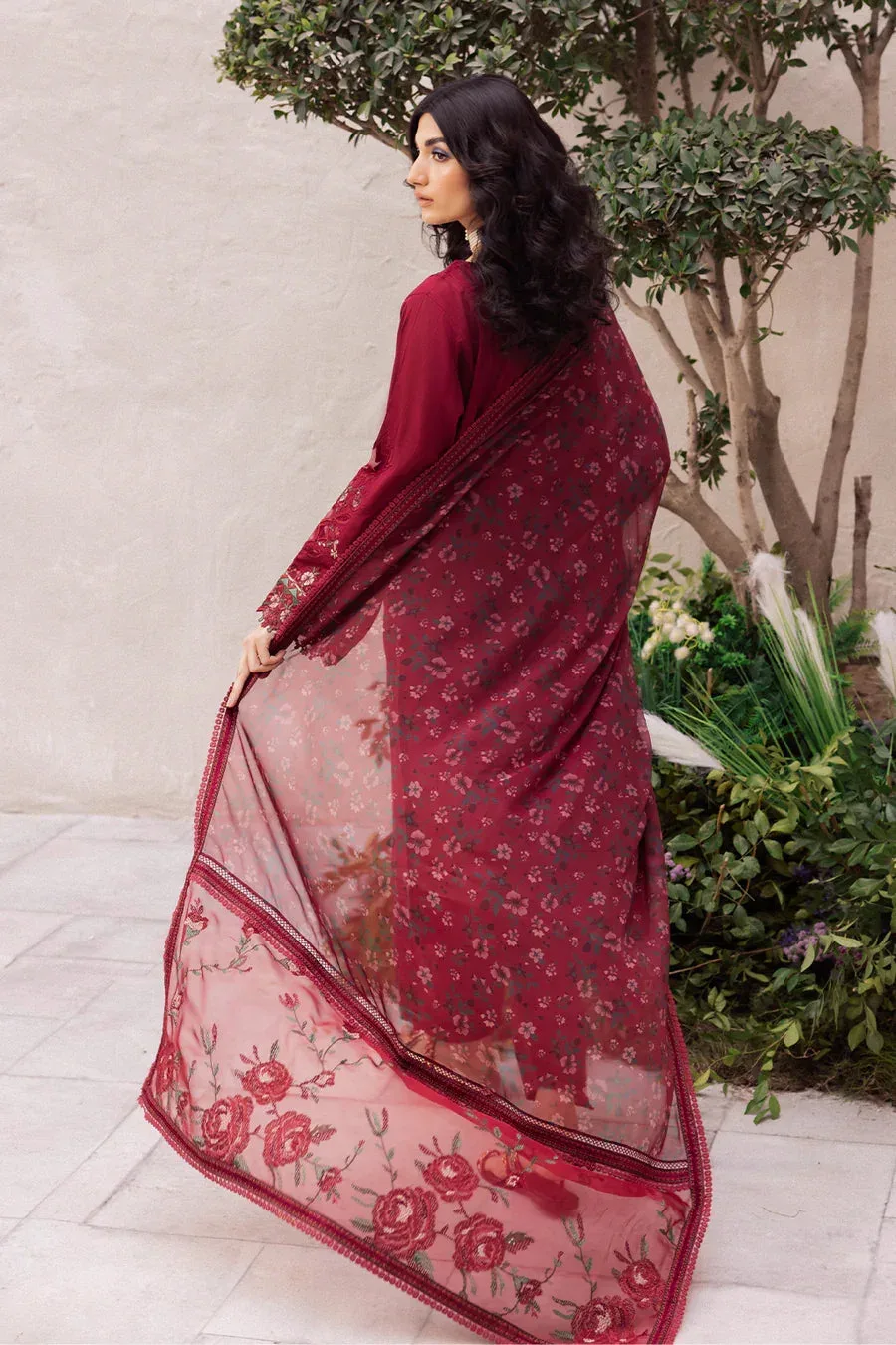 Iznik Dahlia Embroidered Lawn Maroon Organza – view 5 – Poshaq