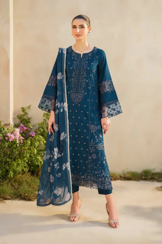 Iznik Festive lawn 24 Teal Organza – view 1 – Poshaq