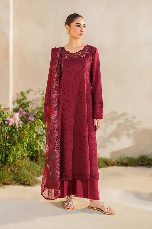 Iznik Festive lawn 24 Maroon Organza – view 1 – Poshaq