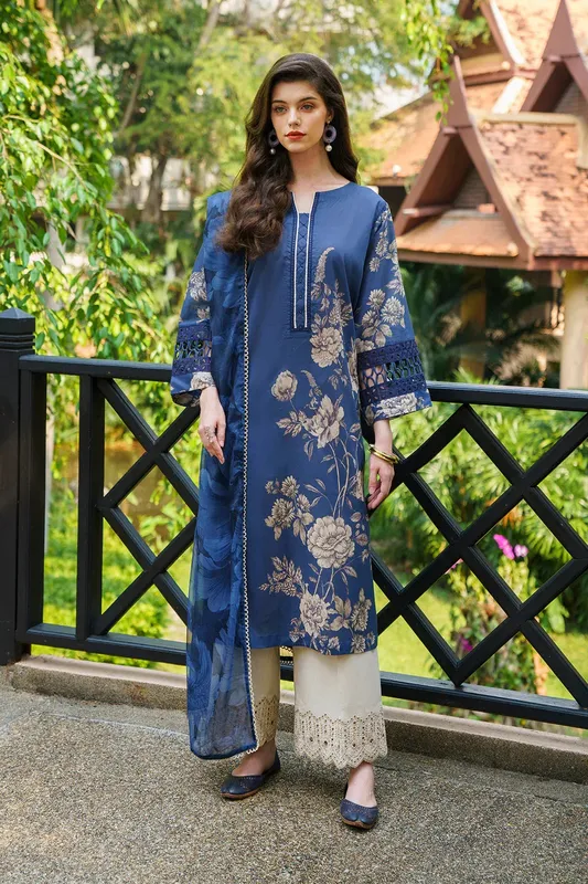 Iznik Exclusive Lawn Blue Organza – view 1 – Poshaq