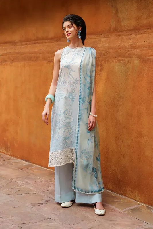 Iznik Exclusive Lawn Blue Organza – view 1 – Poshaq