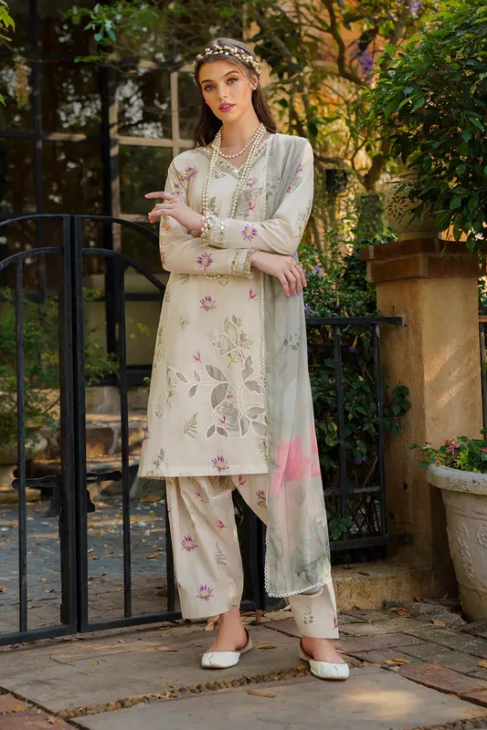 Iznik Exclusive Lawn Grey Organza – view 1 – Poshaq