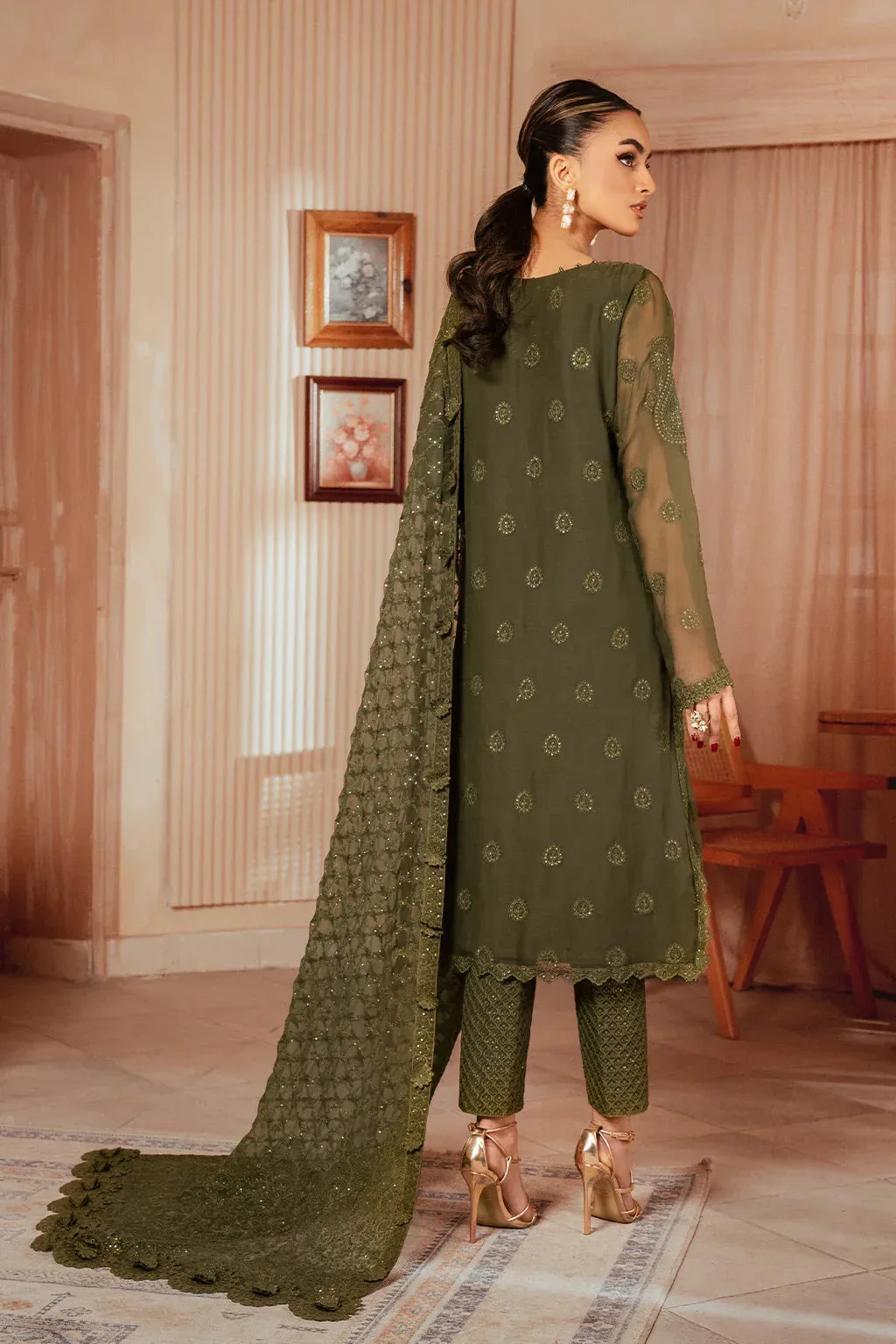 Iznik Chiffonkari Formals Green Raw Silk – view 2 – Poshaq