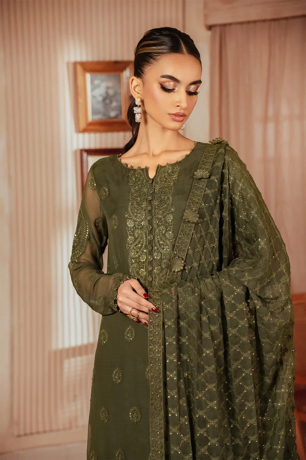 Iznik Chiffonkari Formals Green Raw Silk – view 3 – Poshaq