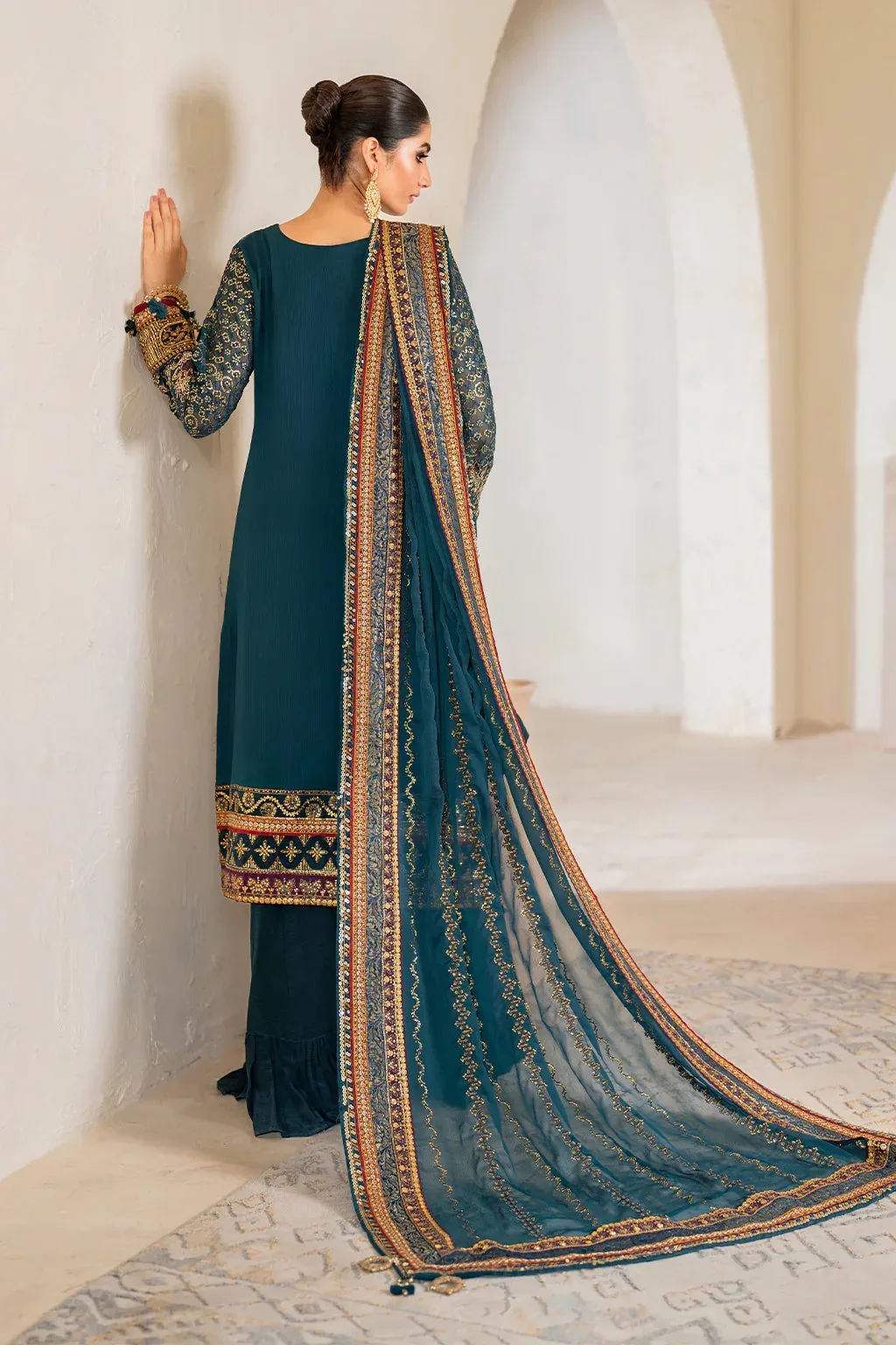 Iznik Chinnon Chiffon Teal Raw Silk – view 2 – Poshaq