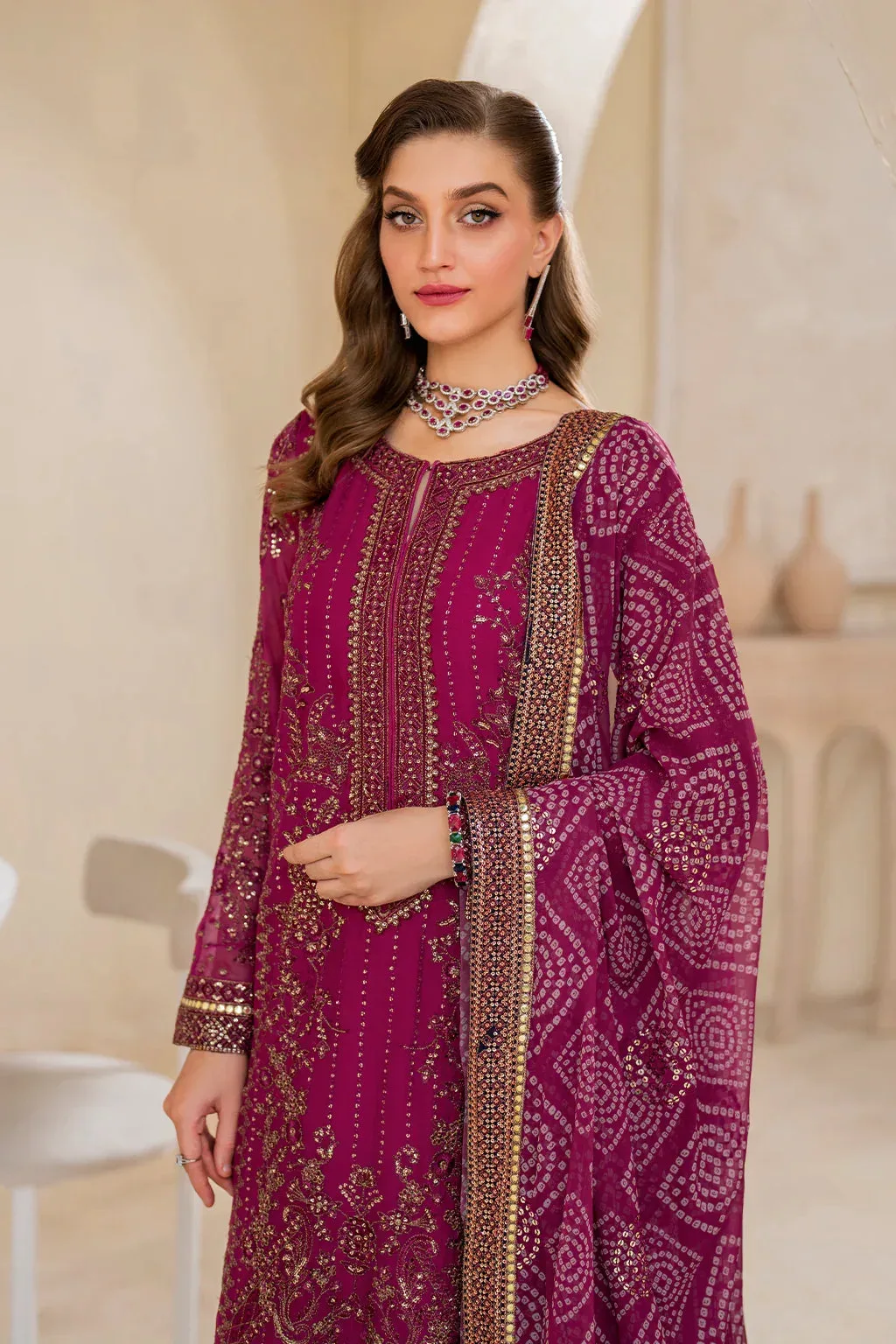 Iznik Chinnon Chiffon Magenta Raw Silk – view 3 – Poshaq