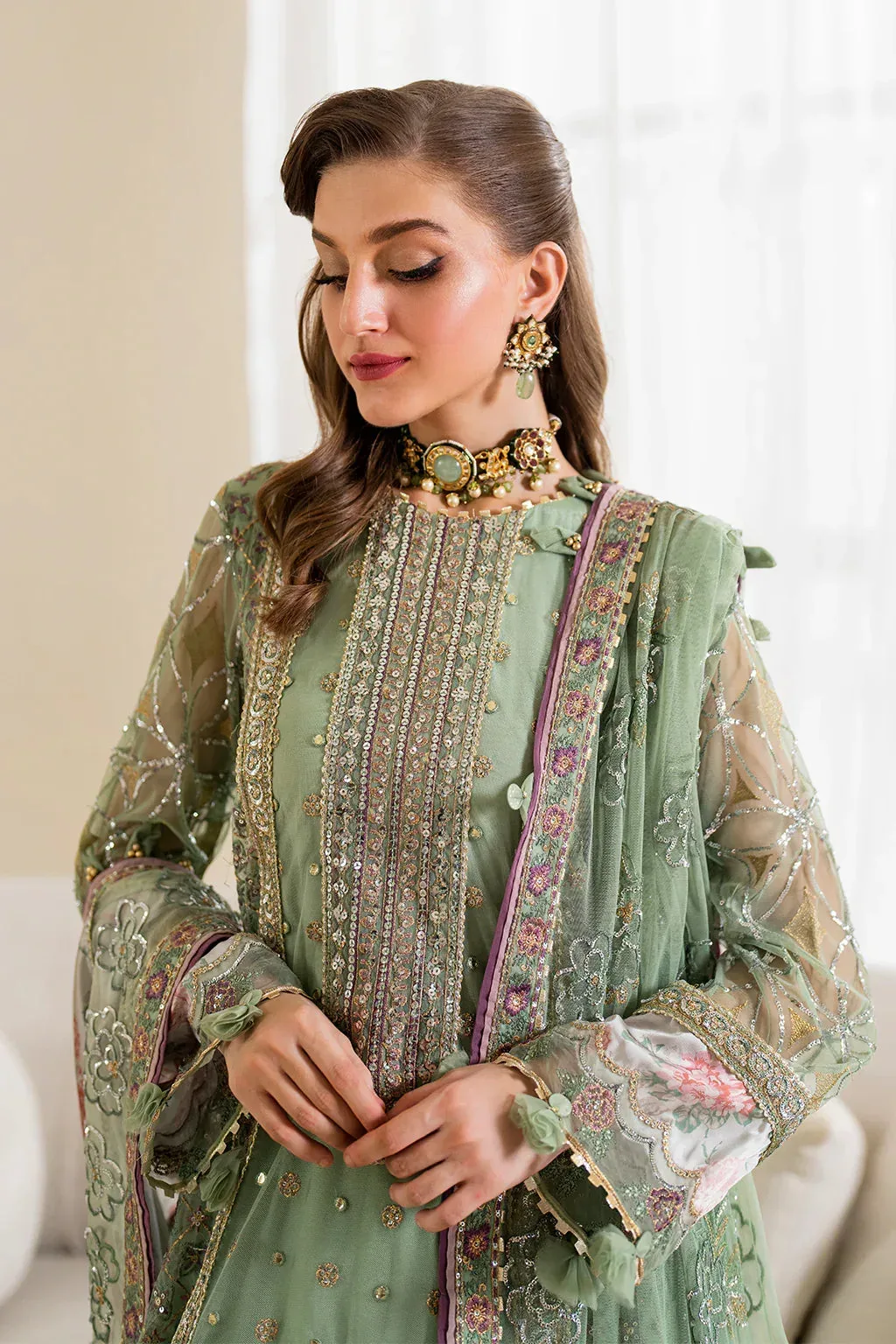 Iznik Chinnon Chiffon Green Raw Silk – view 3 – Poshaq