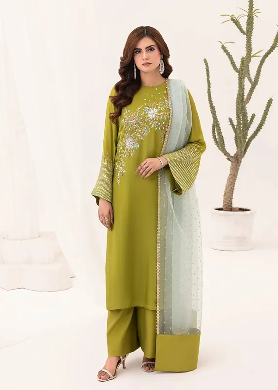 Jamnii Silk Ivy Mehndi Green Organza – view 1 – Poshaq