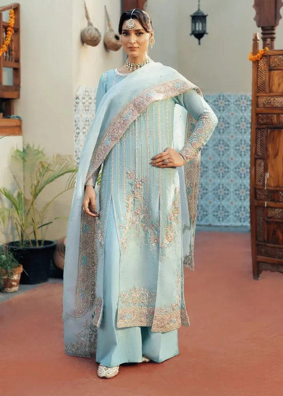 Jamnii Noor e Nazakat Sky Blue Raw Silk – view 1 – Poshaq
