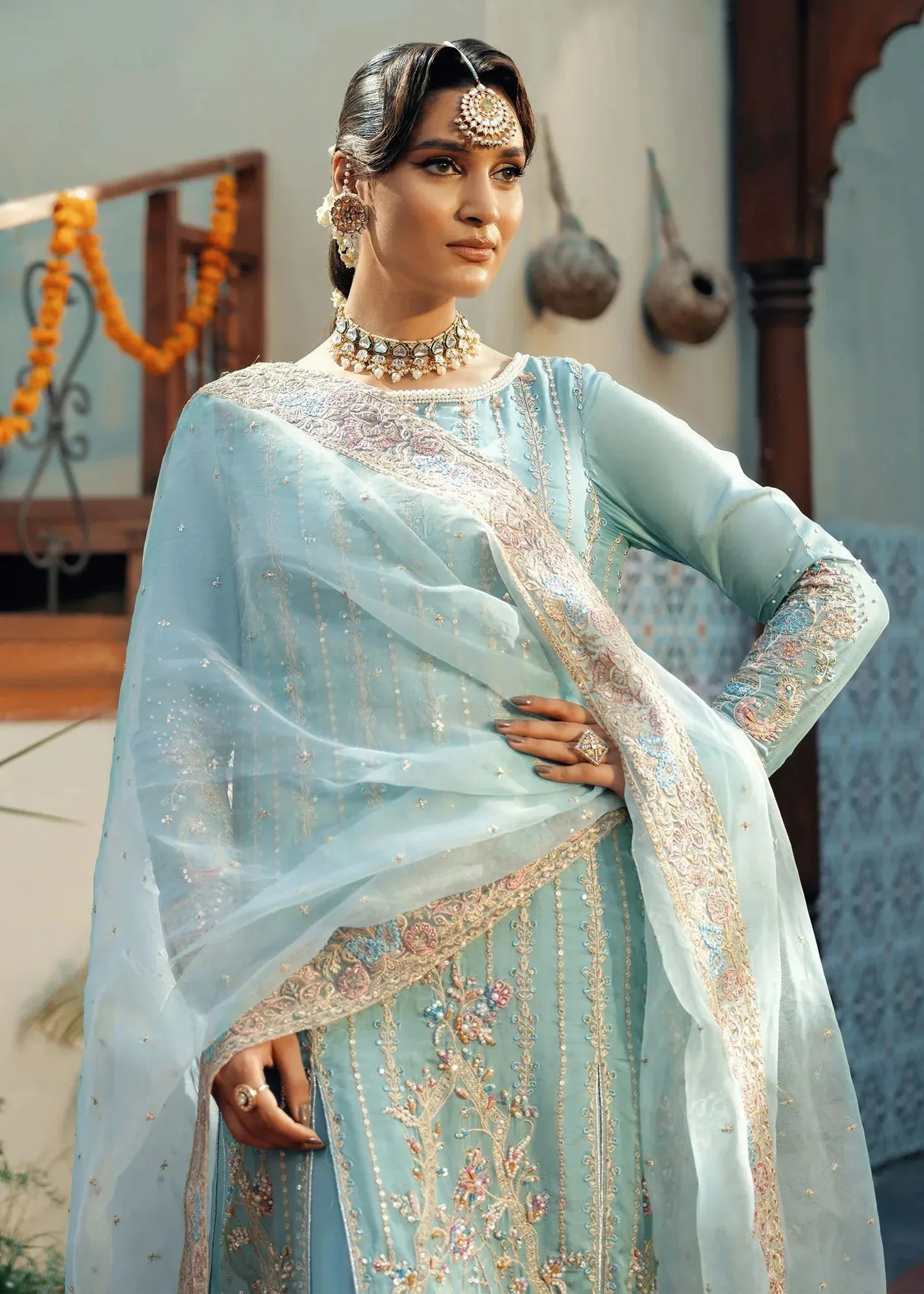 Jamnii Noor e Nazakat Sky Blue Raw Silk – view 2 – Poshaq